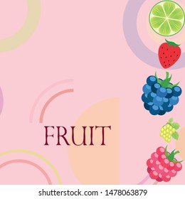 Fruits and berries. Colorful cartoon fruit icons: blackberry, raspberry, grape, strawberr, lime. Vector background.