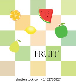 Fruits and berries. Colorful cartoon fruit icons: orange, pear, apple, lemon, watermelon. Vector background.