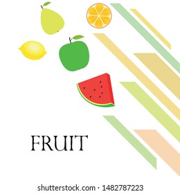 Fruits and berries. Colorful cartoon fruit icons: orange, pear, apple, lemon, watermelon. Vector background.
