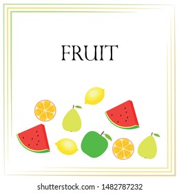 Fruits and berries. Colorful cartoon fruit icons: orange, pear, apple, lemon, watermelon. Vector background.
