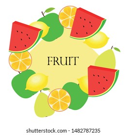 Fruits and berries. Colorful cartoon fruit icons: orange, pear, apple, lemon, watermelon. Vector background.