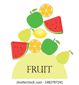 Fruits and berries. Colorful cartoon fruit icons: orange, pear, apple, lemon, watermelon. Vector background.