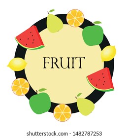 Fruits and berries. Colorful cartoon fruit icons: orange, pear, apple, lemon, watermelon. Vector background.