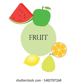 Fruits and berries. Colorful cartoon fruit icons: orange, pear, apple, lemon, watermelon. Vector background.