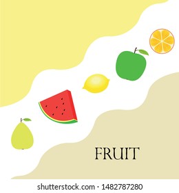 Fruits and berries. Colorful cartoon fruit icons: orange, pear, apple, lemon, watermelon. Vector background.