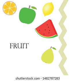 Fruits and berries. Colorful cartoon fruit icons: orange, pear, apple, lemon, watermelon. Vector background.