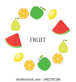 Fruits and berries. Colorful cartoon fruit icons: orange, pear, apple, lemon, watermelon. Vector background.