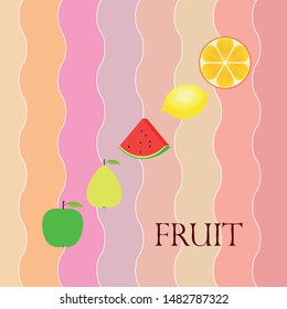Fruits and berries. Colorful cartoon fruit icons: orange, pear, apple, lemon, watermelon. Vector background.