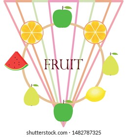 Fruits and berries. Colorful cartoon fruit icons: orange, pear, apple, lemon, watermelon. Vector background.