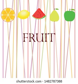 Fruits and berries. Colorful cartoon fruit icons: orange, pear, apple, lemon, watermelon. Vector background.