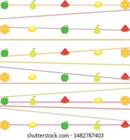 Fruits and berries. Colorful cartoon fruit icons: orange, pear, apple, lemon, watermelon. Vector background.