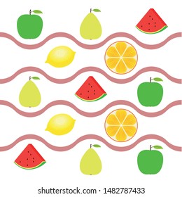Fruits and berries. Colorful cartoon fruit icons: orange, pear, apple, lemon, watermelon. Vector background.