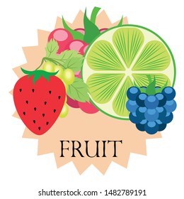 Fruits and berries. Colorful cartoon fruit icons: blackberry, raspberry, grape, strawberr, lime. Vector background.