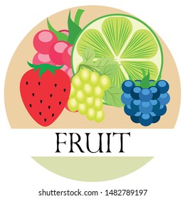 Fruits and berries. Colorful cartoon fruit icons: blackberry, raspberry, grape, strawberr, lime. Vector background.