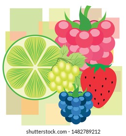 Fruits and berries. Colorful cartoon fruit icons: blackberry, raspberry, grape, strawberr, lime. Vector background.