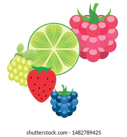 Fruits and berries. Colorful cartoon fruit icons: blackberry, raspberry, grape, strawberr, lime. Vector background.