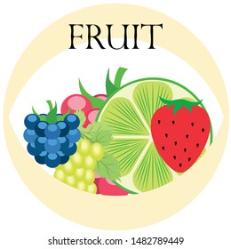 Fruits and berries. Colorful cartoon fruit icons: blackberry, raspberry, grape, strawberr, lime. Vector background.