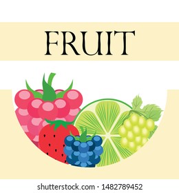 Fruits and berries. Colorful cartoon fruit icons: blackberry, raspberry, grape, strawberr, lime. Vector background.