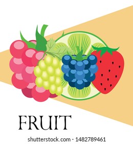 Fruits and berries. Colorful cartoon fruit icons: blackberry, raspberry, grape, strawberr, lime. Vector background.