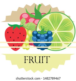 Fruits and berries. Colorful cartoon fruit icons: blackberry, raspberry, grape, strawberr, lime. Vector background.