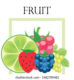 Fruits and berries. Colorful cartoon fruit icons: blackberry, raspberry, grape, strawberr, lime. Vector background.