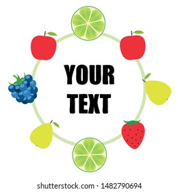 Fruits and berries. Colorful cartoon fruit icons: apple, pear, blackberry, strawberry, lime. Vector background.