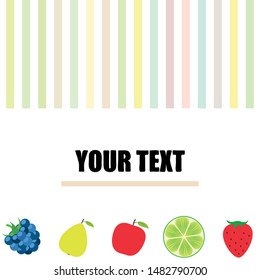 Fruits and berries. Colorful cartoon fruit icons: apple, pear, blackberry, strawberry, lime. Vector background.
