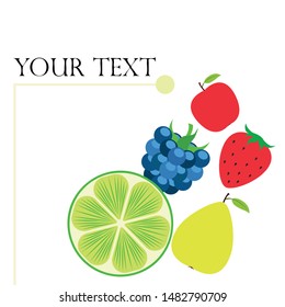 Fruits and berries. Colorful cartoon fruit icons: apple, pear, blackberry, strawberry, lime. Vector background.