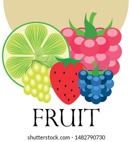 Fruits and berries. Colorful cartoon fruit icons: blackberry, raspberry, grape, strawberr, lime. Vector background.