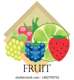 Fruits and berries. Colorful cartoon fruit icons: blackberry, raspberry, grape, strawberr, lime. Vector background.