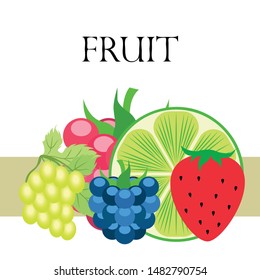 Fruits and berries. Colorful cartoon fruit icons: blackberry, raspberry, grape, strawberr, lime. Vector background.