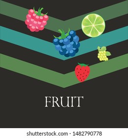 Fruits and berries. Colorful cartoon fruit icons: blackberry, raspberry, grape, strawberr, lime. Vector background.