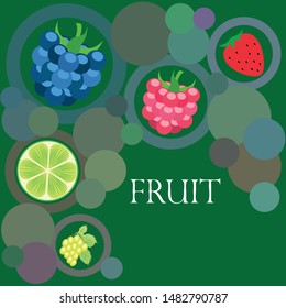 Fruits and berries. Colorful cartoon fruit icons: blackberry, raspberry, grape, strawberr, lime. Vector background.