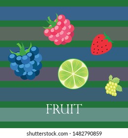 Fruits and berries. Colorful cartoon fruit icons: blackberry, raspberry, grape, strawberr, lime. Vector background.
