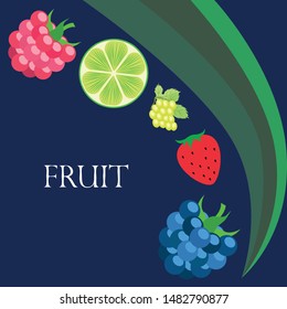Fruits and berries. Colorful cartoon fruit icons: blackberry, raspberry, grape, strawberr, lime. Vector background.