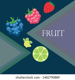 Fruits and berries. Colorful cartoon fruit icons: blackberry, raspberry, grape, strawberr, lime. Vector background.
