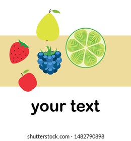 Fruits and berries. Colorful cartoon fruit icons: apple, pear, blackberry, strawberry, lime. Vector background.