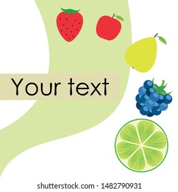 Fruits and berries. Colorful cartoon fruit icons: apple, pear, blackberry, strawberry, lime. Vector background.