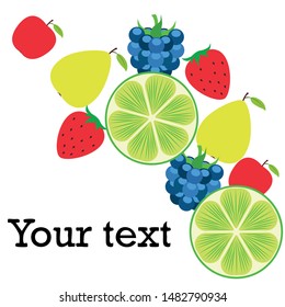 Fruits and berries. Colorful cartoon fruit icons: apple, pear, blackberry, strawberry, lime. Vector background.