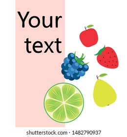 Fruits and berries. Colorful cartoon fruit icons: apple, pear, blackberry, strawberry, lime. Vector background.