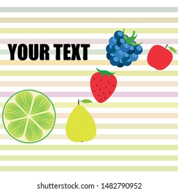 Fruits and berries. Colorful cartoon fruit icons: apple, pear, blackberry, strawberry, lime. Vector background.