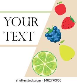 Fruits and berries. Colorful cartoon fruit icons: apple, pear, blackberry, strawberry, lime. Vector background.