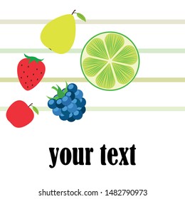 Fruits and berries. Colorful cartoon fruit icons: apple, pear, blackberry, strawberry, lime. Vector background.