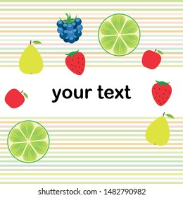 Fruits and berries. Colorful cartoon fruit icons: apple, pear, blackberry, strawberry, lime. Vector background.
