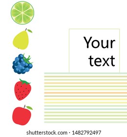Fruits and berries. Colorful cartoon fruit icons: apple, pear, blackberry, strawberry, lime. Vector background.