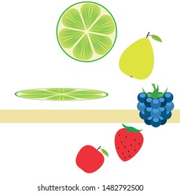 Fruits and berries. Colorful cartoon fruit icons: apple, pear, blackberry, strawberry, lime. Vector background.