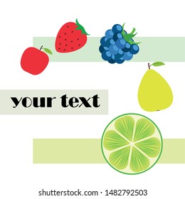 Fruits and berries. Colorful cartoon fruit icons: apple, pear, blackberry, strawberry, lime. Vector background.