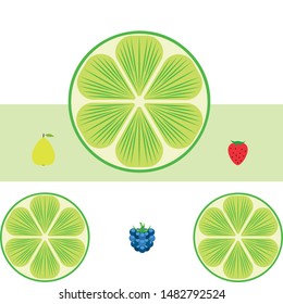 Fruits and berries. Colorful cartoon fruit icons: apple, pear, blackberry, strawberry, lime. Vector background.