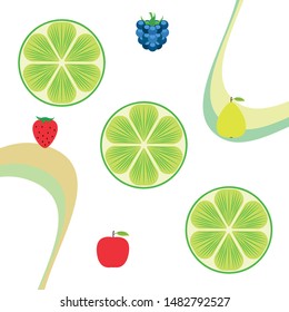 Fruits and berries. Colorful cartoon fruit icons: apple, pear, blackberry, strawberry, lime. Vector background.