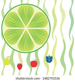 Fruits and berries. Colorful cartoon fruit icons: apple, pear, blackberry, strawberry, lime. Vector background.